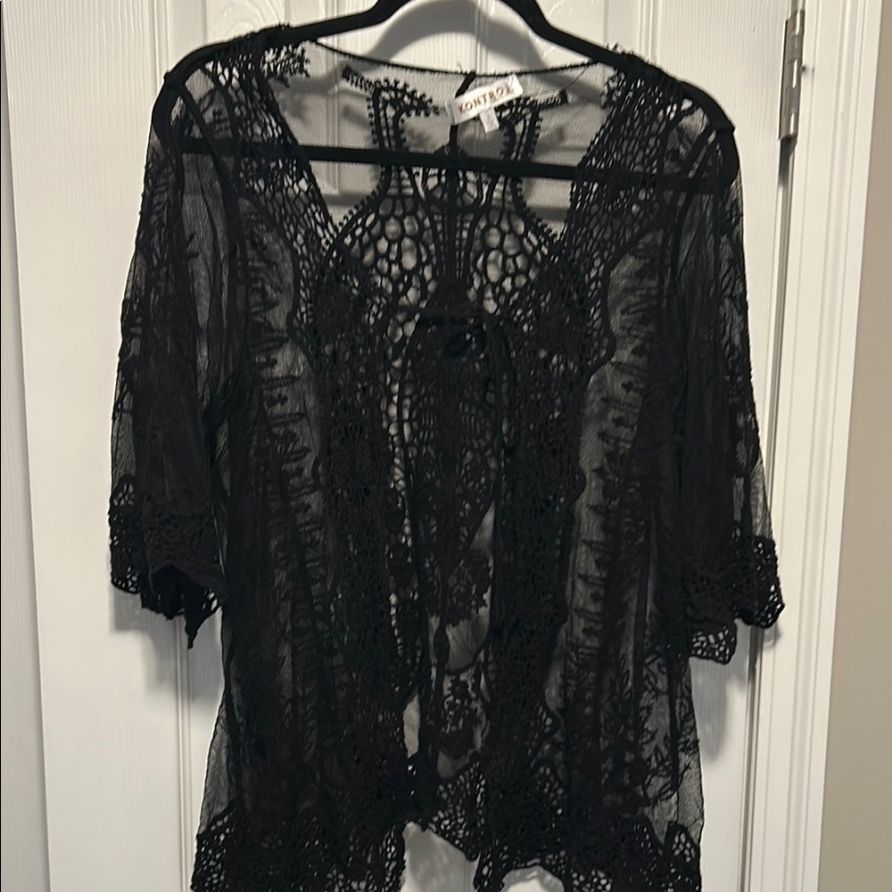 Romwe Black Lace Kimono Cardigan